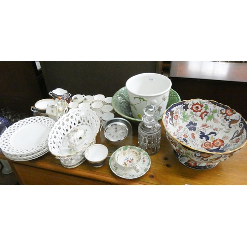 155 - Assorted coffee and teacups, fruit bowls, plates, clock, decanter etc