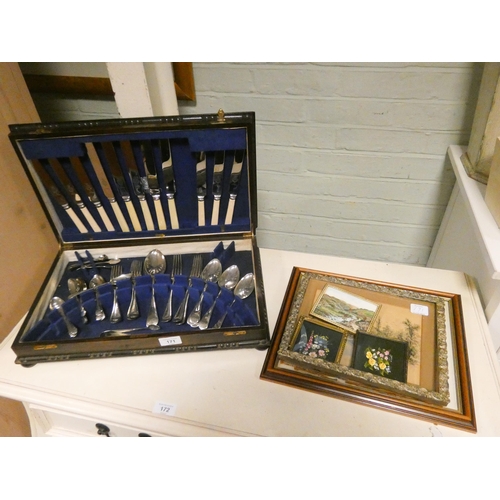 171 - Canteen of plated cutlery and various small pictures