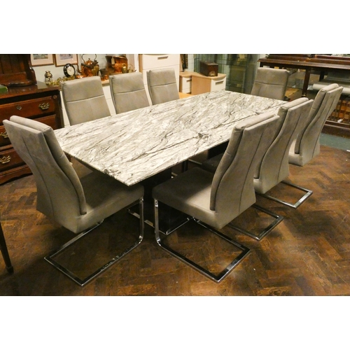 186 - A large modern black and white faux marble dining table on chrome base and eight matching chairs wit... 