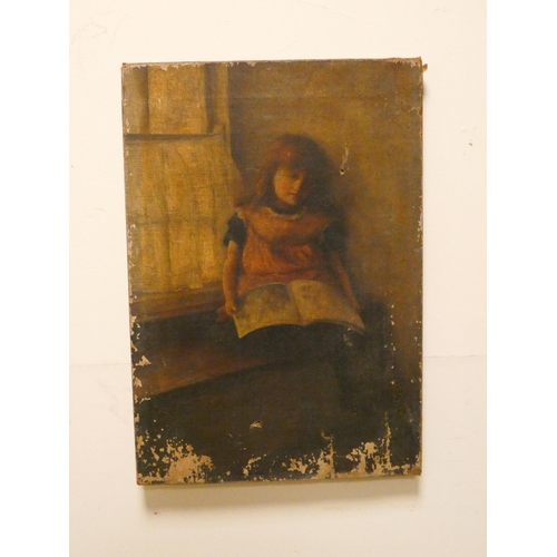 289 - Unframed oil on canvas portrait of a young girl reading a book - will need restoration