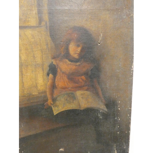 289 - Unframed oil on canvas portrait of a young girl reading a book - will need restoration