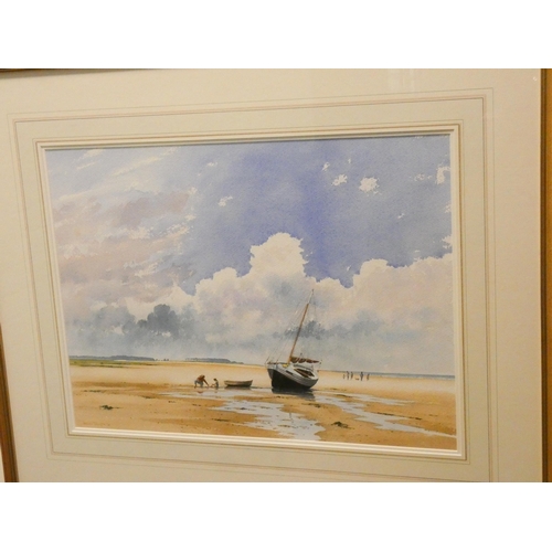 313 - Adrian Taunton EAGMA, A gilt framed watercolour of a Norfolk shore scene with figures in boat, signe... 