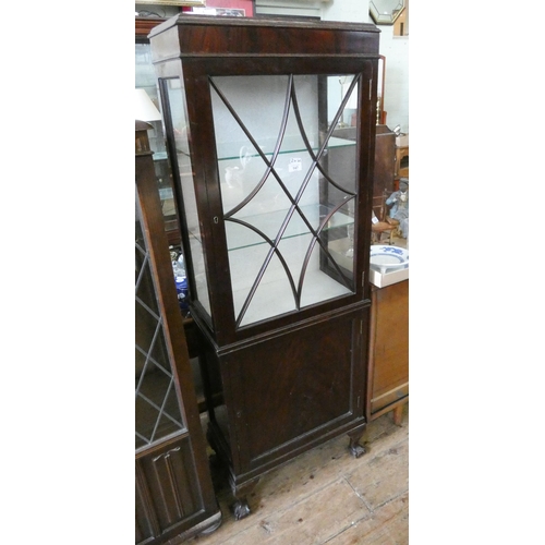 147 - Mahogany lattice glazed china display cabinet with cupboard under standing on claw and ball feet, 21... 