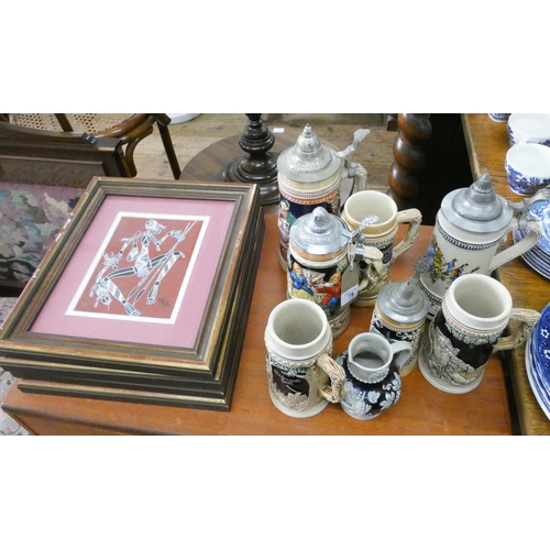 78 - Seven assorted beer steins a stoneware jug and  Stephen McClean - Four framed Australian Aboriginal ... 