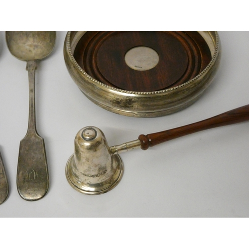 427 - A modern hallmarked silver bottle coaster, silver candle snuffer, two silver table forks and two pla... 