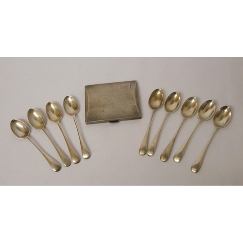 428 - An engine turned silver cigarette case and nine matching silver coffee spoons. Weighable silver 7 tr... 