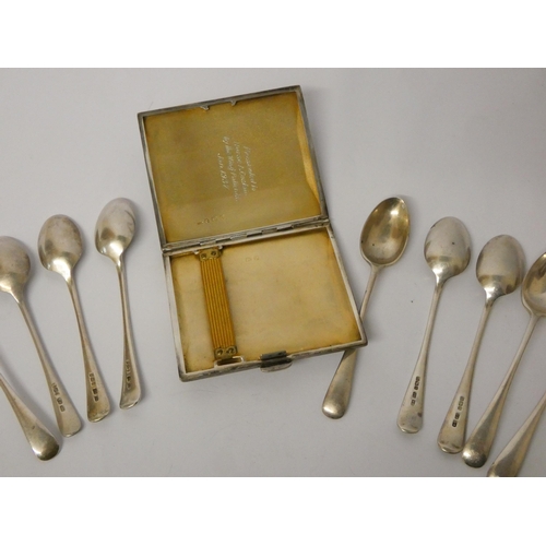 428 - An engine turned silver cigarette case and nine matching silver coffee spoons. Weighable silver 7 tr... 