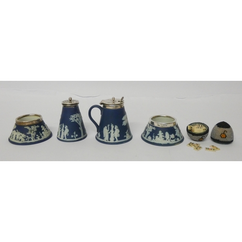 248 - Wedgwood jasper and hallmarked silver mounted four piece cruet set and a beaded egg shaped trinket b... 