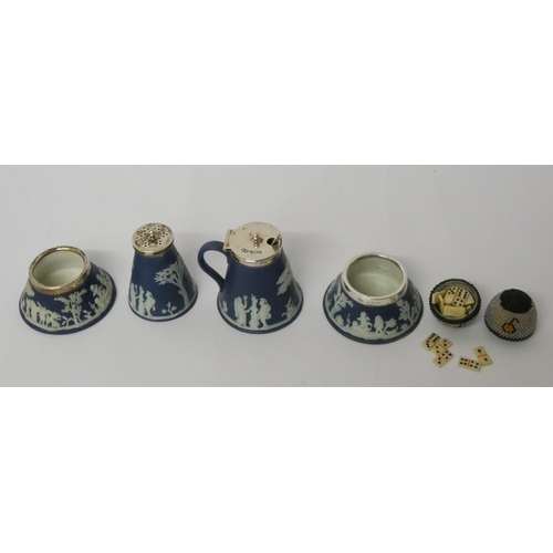 248 - Wedgwood jasper and hallmarked silver mounted four piece cruet set and a beaded egg shaped trinket b... 