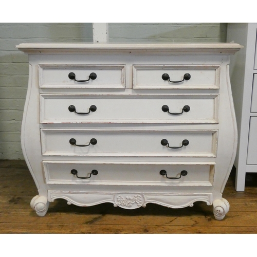 172 - A French style cream chest of three long and two short drawers on claw type feet, 38