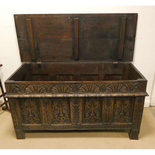 196 - Large antique carved oak four panel coffer