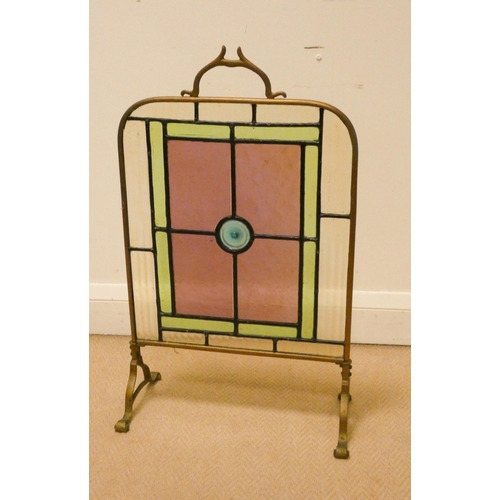 299 - Edwardian brass and coloured leaded glazed fire screen