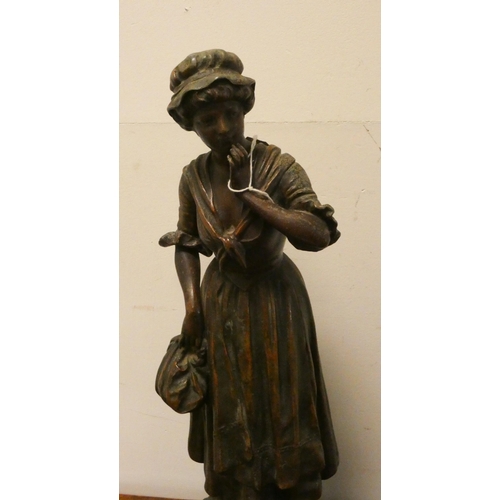 320 - French spelter figure of a peasant girl market vendeuse on a circular base, approx 20