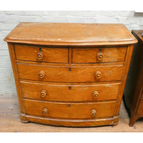 348 - Victorian pale mahogany bow front chest of three long and two short drawers with bun handles, 3'9 wi... 