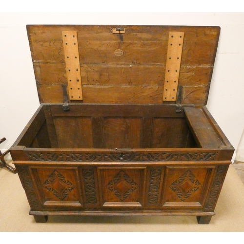 374 - An Antique oak carved three panel coffer, 4'3 wide