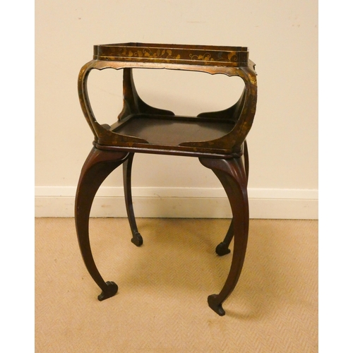 376 - A Howard & Sons floral lacquered square two tier occasional table on unusual convex legs