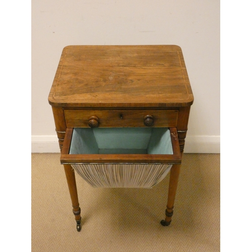 377 - An early Victorian rose wood work box, fitted drawer and fabric bag, standing on turned legs, 18