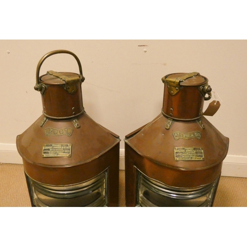 378 - A pair of large  copper Port and Starboard ships lamps by William Harvie & Co, both 23