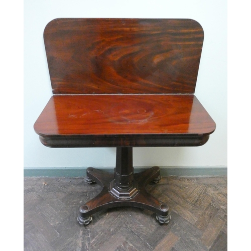 387 - An early Victorian mahogany folding top tea table on pillar and platform base, 3' wide