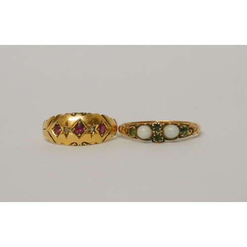 442 - 19th century 18ct gold ruby set gypsy ring size N, and a rose gold emerald and opal ring with closed... 