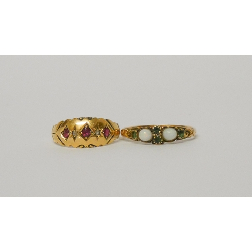 442 - 19th century 18ct gold ruby set gypsy ring size N, and a rose gold emerald and opal ring with closed... 