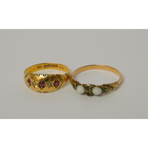 442 - 19th century 18ct gold ruby set gypsy ring size N, and a rose gold emerald and opal ring with closed... 