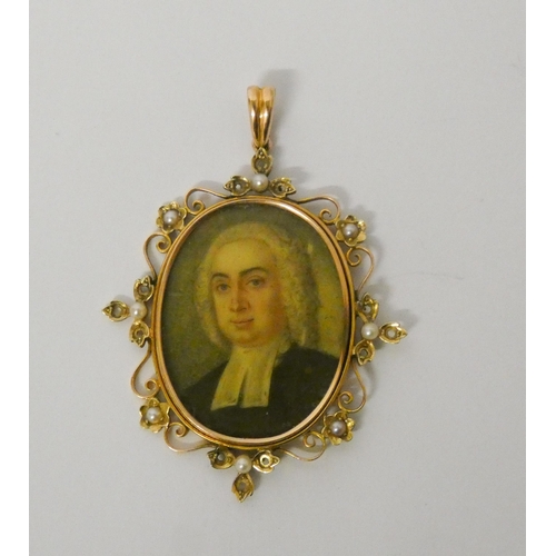 445 - An antique 15ct gold oval locket, the centre with portrait miniature of a 19th century gentleman, wi... 