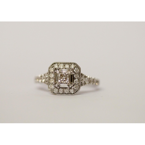 478 - A modern diamond ring, the square shaped cluster on diamond set shoulders, in 18ct white gold, diamo... 