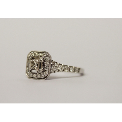 478 - A modern diamond ring, the square shaped cluster on diamond set shoulders, in 18ct white gold, diamo... 