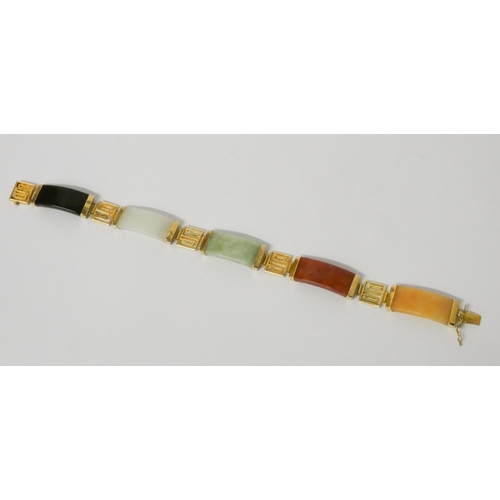 491 - A multi coloured jade panel bracelet with 14ct yellow gold fittings.