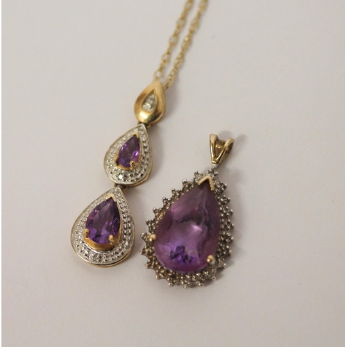 495 - 9ct gold double drop amethyst and diamond pendant on fine chain and another 9ct gold amethyst and di... 