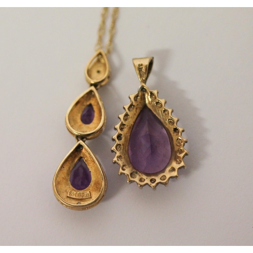 495 - 9ct gold double drop amethyst and diamond pendant on fine chain and another 9ct gold amethyst and di... 