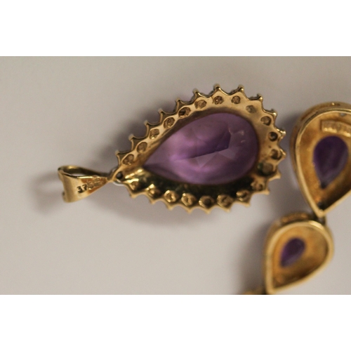 495 - 9ct gold double drop amethyst and diamond pendant on fine chain and another 9ct gold amethyst and di... 