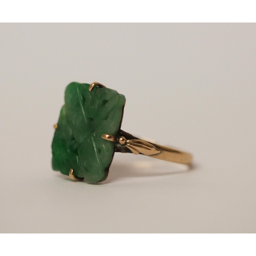 525 - A carved jade panel ring, on 14ct rose gold band. Ring size Q, gross weight 3.8g, - shank has been c... 