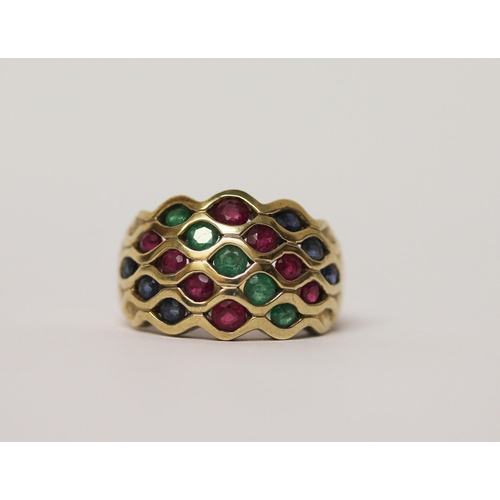 529 - A multi coloured gem stone pave set dress ring, on hallmarked 9ct gold band, ring size K, gross weig... 