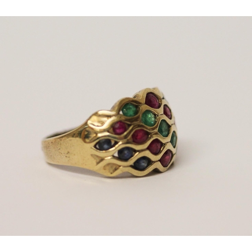 529 - A multi coloured gem stone pave set dress ring, on hallmarked 9ct gold band, ring size K, gross weig... 