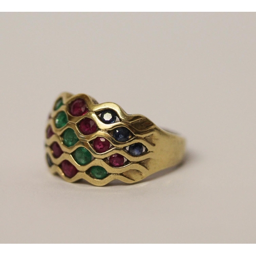 529 - A multi coloured gem stone pave set dress ring, on hallmarked 9ct gold band, ring size K, gross weig... 