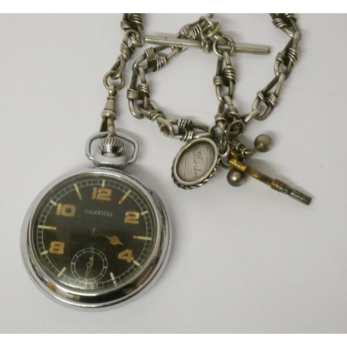 570 - Vintage Ingersoll chrome plated pocket watch with fancy link albert chain T bar and medallion.