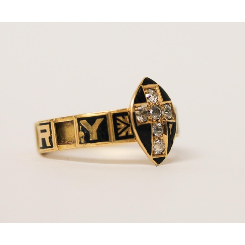 440 - 19th century 18ct gold and diamond mourning ring, set with old cut diamonds in a cross design, on ba... 