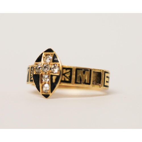 440 - 19th century 18ct gold and diamond mourning ring, set with old cut diamonds in a cross design, on ba... 