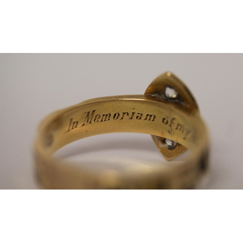 440 - 19th century 18ct gold and diamond mourning ring, set with old cut diamonds in a cross design, on ba... 