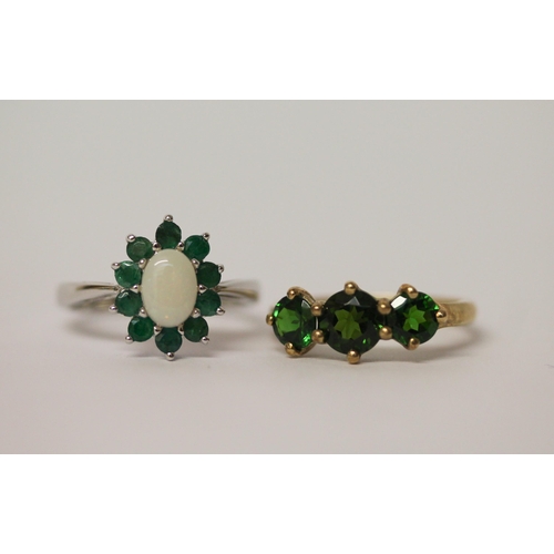 476 - 9ct gold green diopside three stone ring and a silver opal and green stone ring, both size M