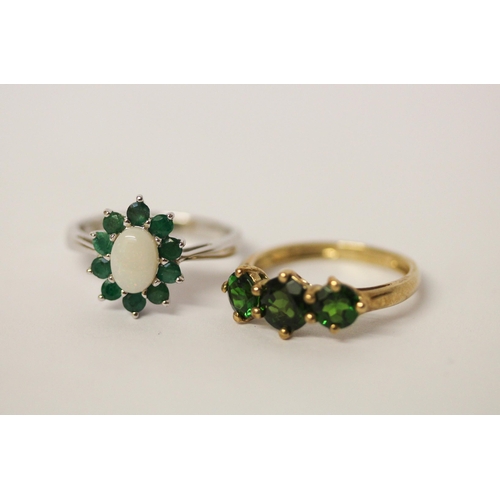 476 - 9ct gold green diopside three stone ring and a silver opal and green stone ring, both size M