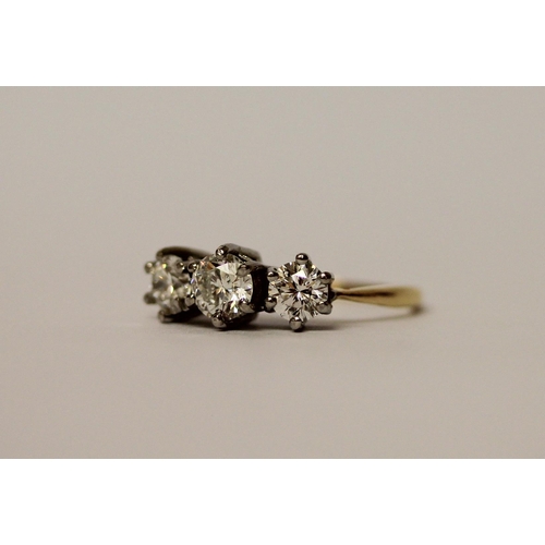 508 - A three stone diamond ring in platinum claw setting, the total diamond weight estimated to be 1.2 ca... 