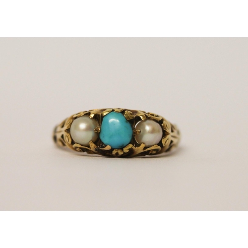 446 - Antique gold turquoise and pearl ring, gold not marked, tests as 15ct, ring size Q, gross wt 4.1g