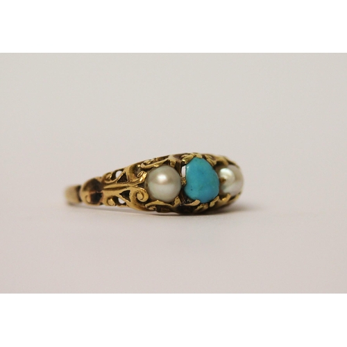 446 - Antique gold turquoise and pearl ring, gold not marked, tests as 15ct, ring size Q, gross wt 4.1g