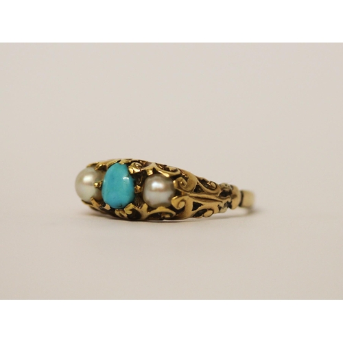 446 - Antique gold turquoise and pearl ring, gold not marked, tests as 15ct, ring size Q, gross wt 4.1g