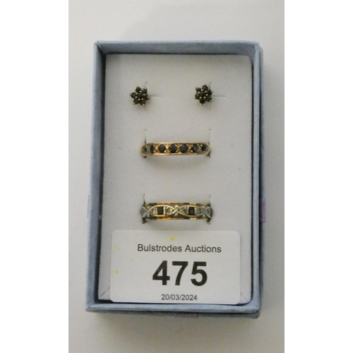 475 - A pair of 9ct gold and sapphire cluster ear studs, and two 9ct gold sapphire set eternity rings. Rin... 