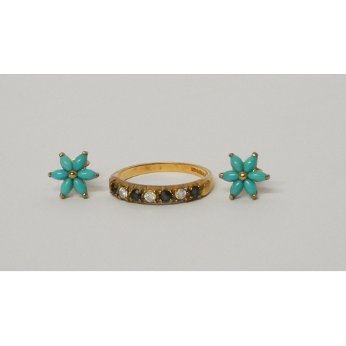 481 - A pair of 9ct gold turquoise flower design ear studs and a 9ct gold stone set half hoop eternity rin... 