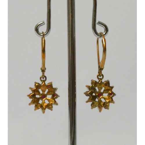 493 - A pair of ruby and opal vintage style flower cluster earrings on 9k gold drop fittings